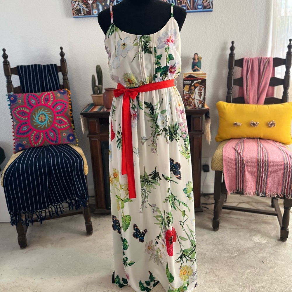 AngelEye Floral Maxi Dress with Red Accent